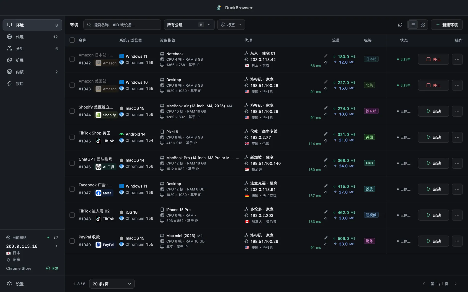 DuckBrowser 环境列表界面（深色模式）