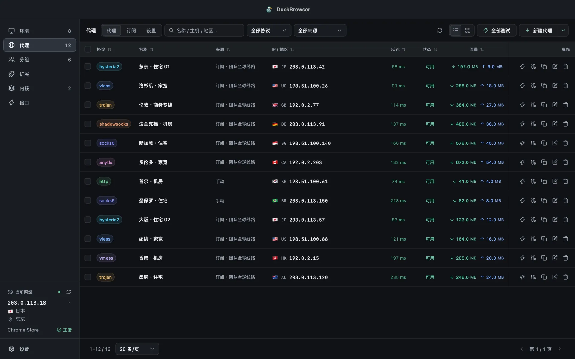 DuckBrowser 代理界面（深色模式）